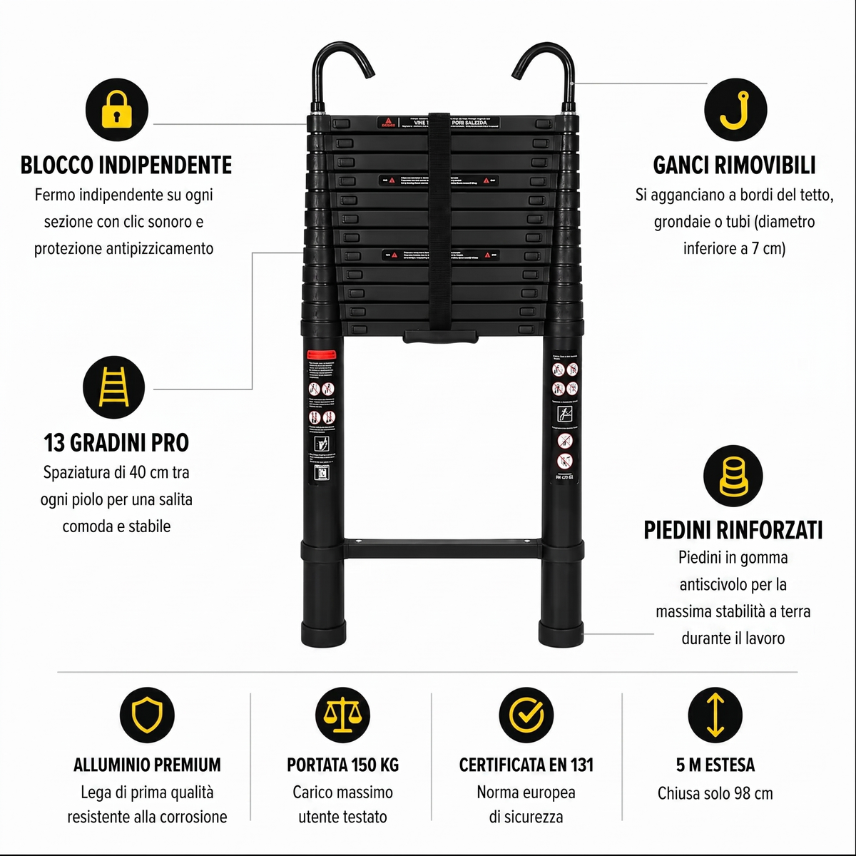 Scala Telescopica 5m Nera Pro | Esperto Scale