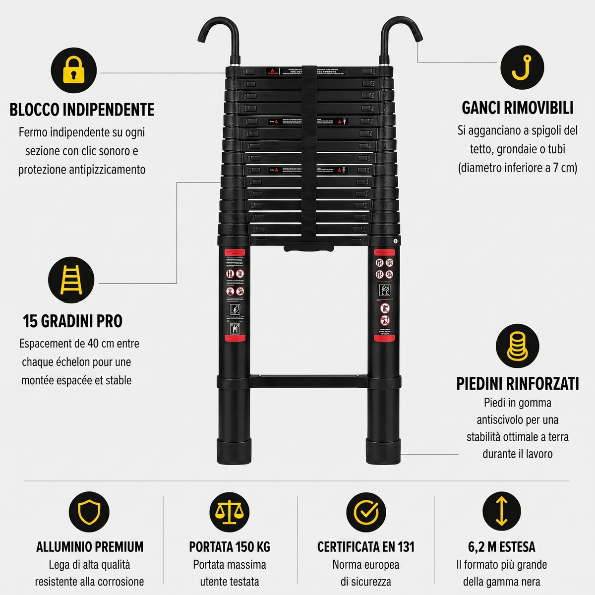 Scala Telescopica 6,2m Nera Pro | Esperto Scale