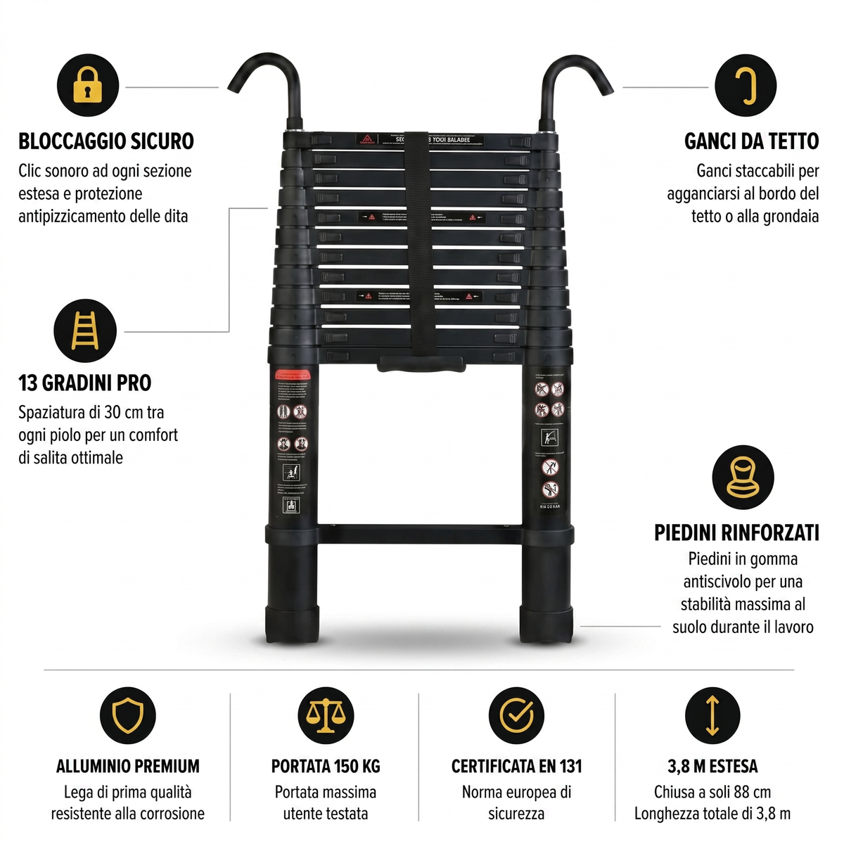 Scala Telescopica 3,8m Nera Pro | Esperto Scale